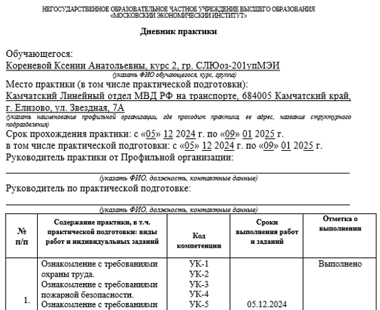 Пример заполненного дневника практики МЭИ