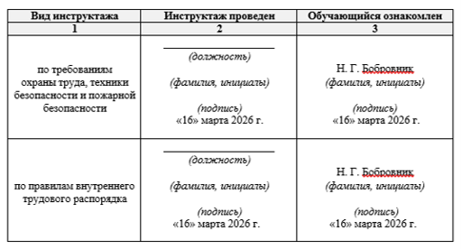 Пример заполнения карточки инструктажа по практике АУП